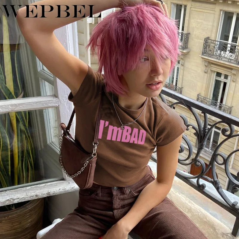 

WEPBEL Women Sexy Skinny Letter Print Shirt Crop Top Ladies Elegant Short Sleeve O Neck Slim Fit Bottoming T-shirt