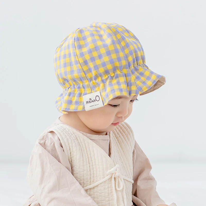 

Spring Summer Baby Beach Hats Cotton Plaid Outdoor Sun Hat Infant Kids Girls Boys Bucket Caps
