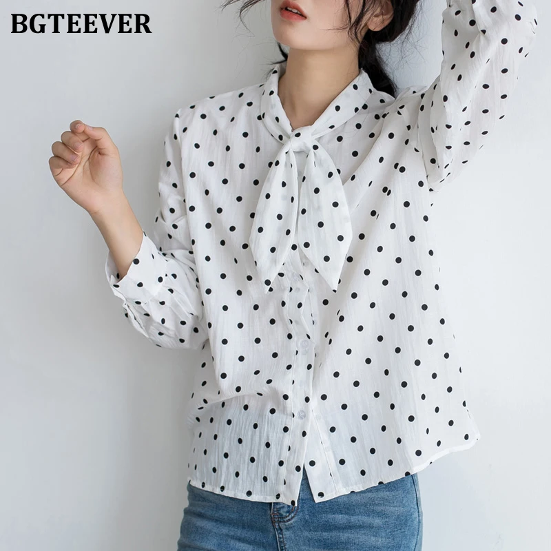 BGTEEVER Casual Bow Collar Dots Print Women Shirts Full Sleeve Single-breasted Female Shirt Blouses 2019 Tops Femme | Женская одежда