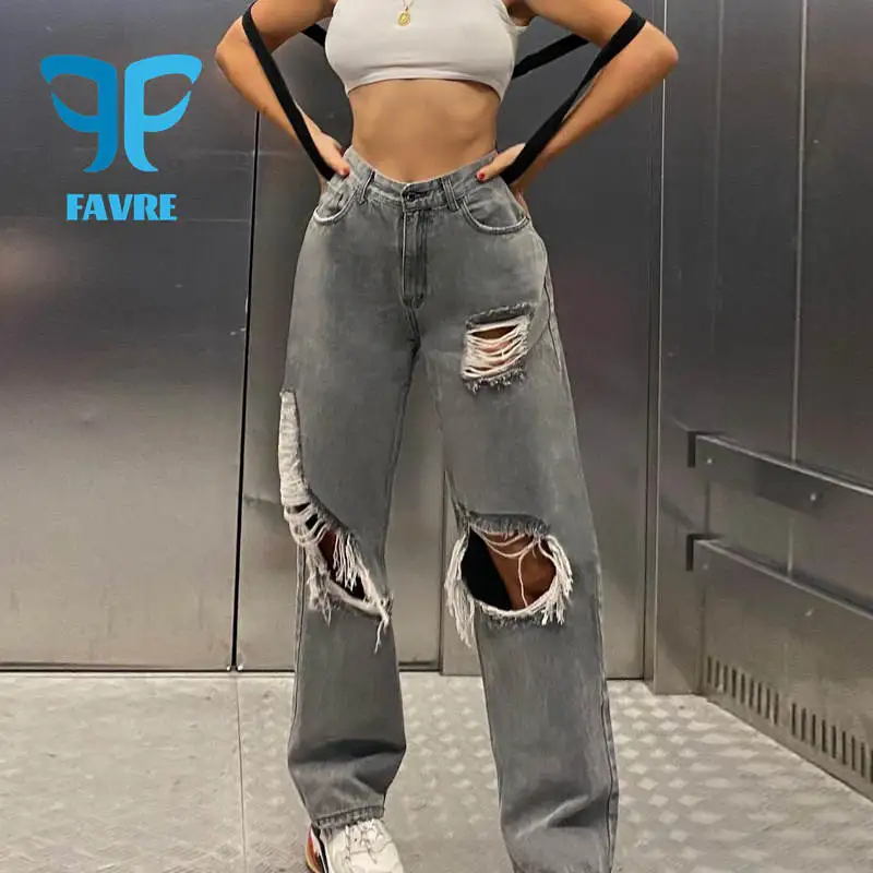 

FAVRE Women Jeans Spring Personality Ripped Irregular Straight Leg Pants Womens Trousers High Waist Fashion Baggy Jeans