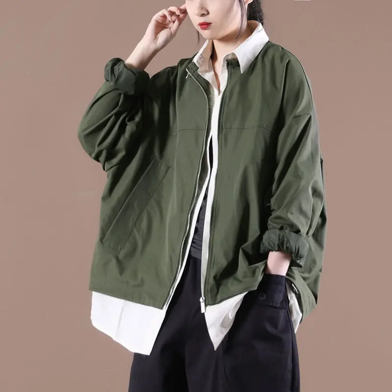 

Spring Autumn Clothing 2021 New Female Korean Loose Large Size Literary Fold Sleeves Stitching Fake Two Short Jackets zh1538