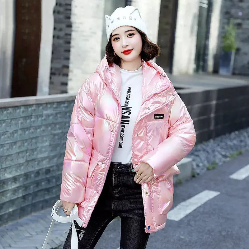 Fashion Cute Women Bright Pink Jacket Winter Warm Coats Shiny Parkas Zipper Jackets Waterproof Clothing Hooded Ladies Down Coat