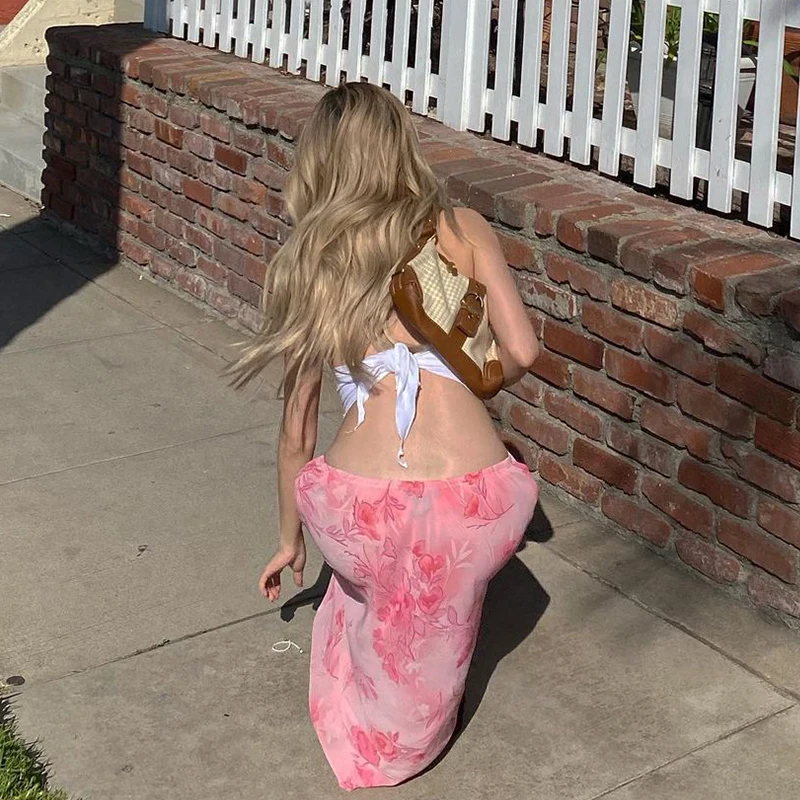 Женская юбка средней длины y2k розовая прямая в богемном стиле с цветочным принтом