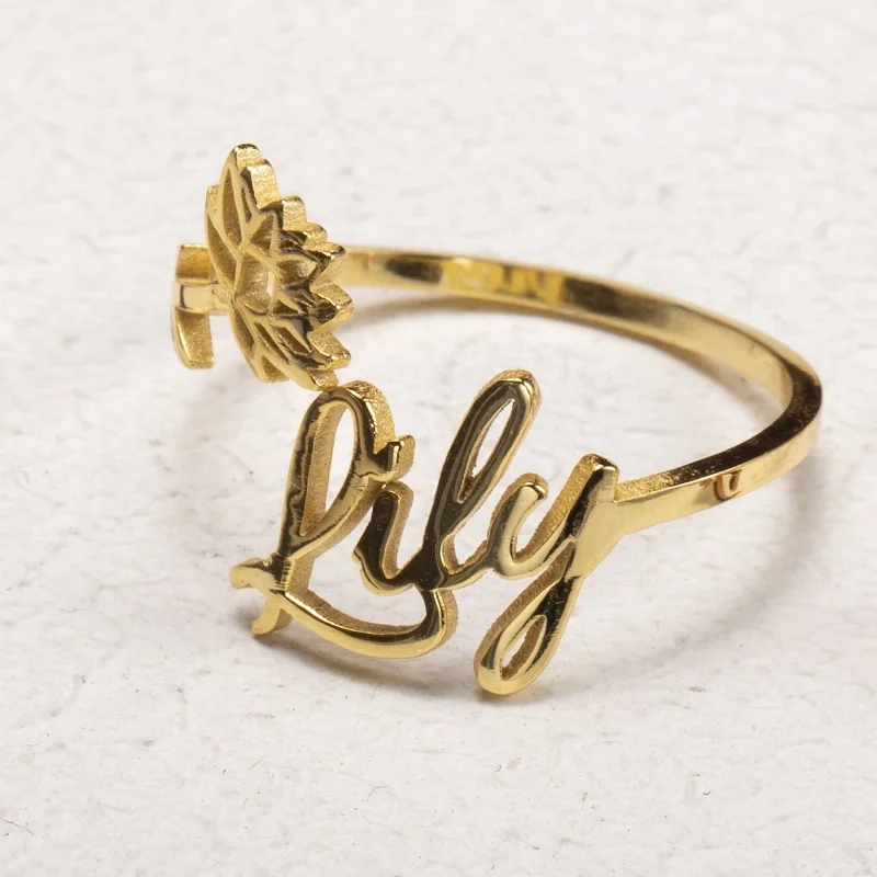Cute Custom Name Flower Ring For Girl Personalized Birthmonth Flowers Nameplate Adjustable Name Rings Flower Lover Birthday Gift