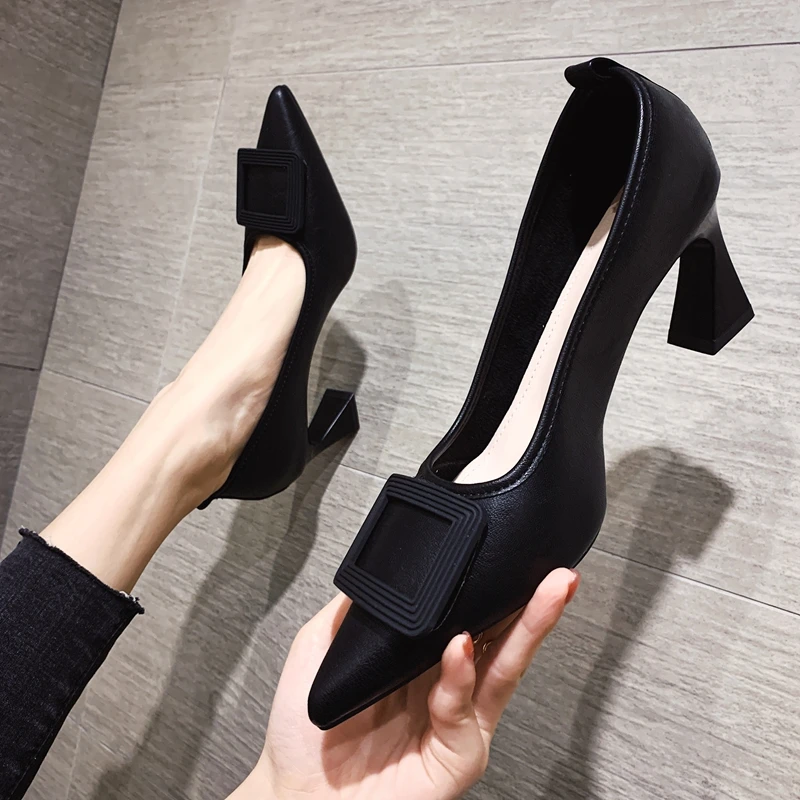 

DLEK Women High Square Button Shoes Pointed Toe Shallow Mature Female Pumps Breathable Handmade Office Ladies Shoes