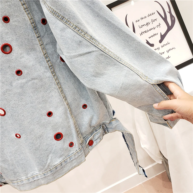 

Ring Hollow Out Women Denim Jacket Spring 2021 New Retro Single Breasted Long Sleeve Ladies Tops Loose Casual Female Jeans Coats