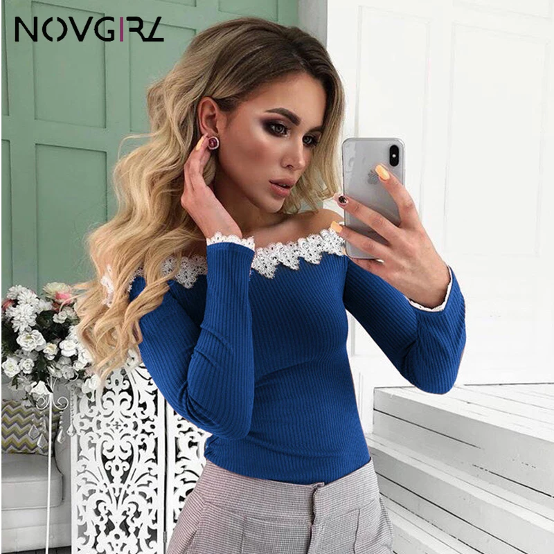 Novgirl/элегантные кружевные вязаные женские футболки с открытыми плечами 2019