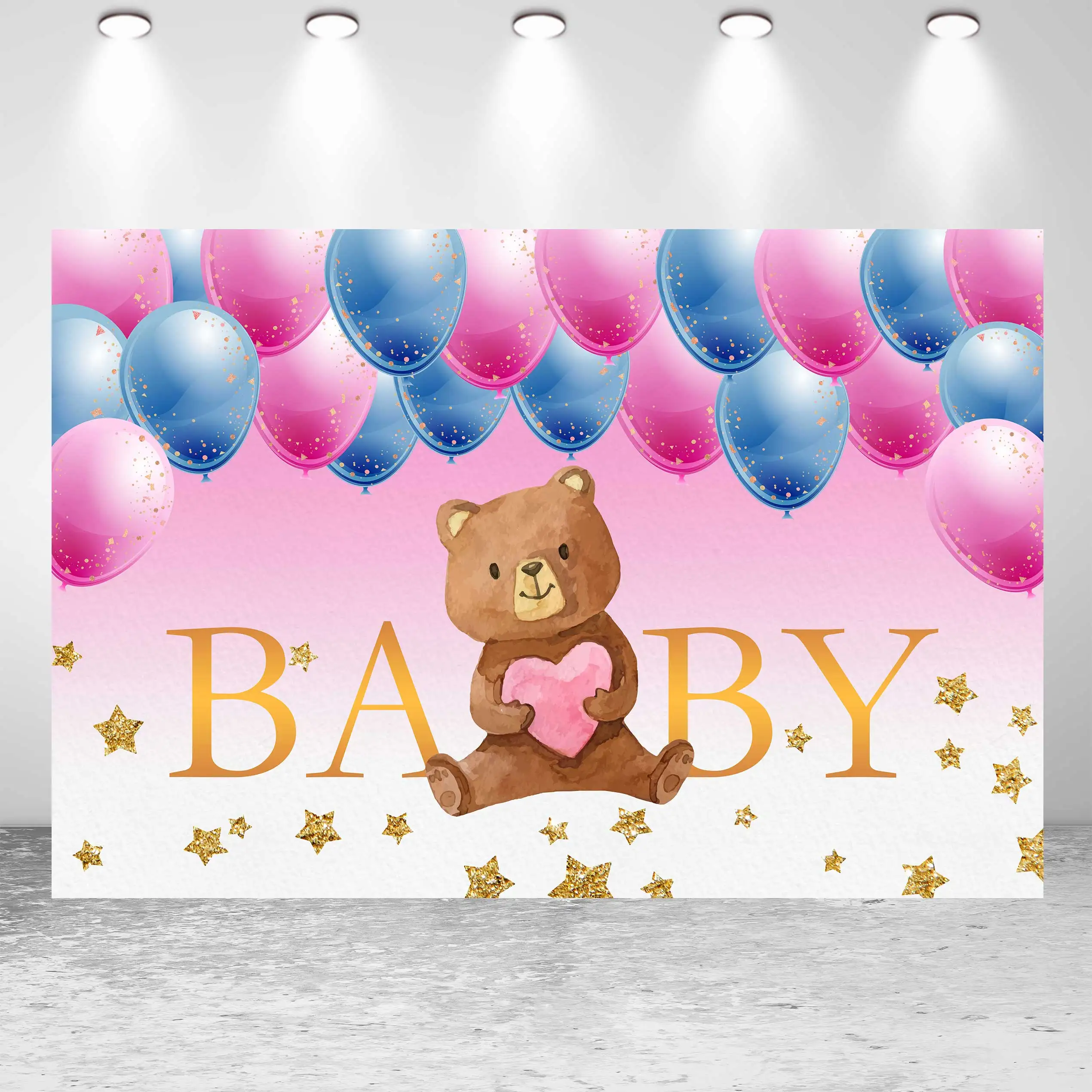 

NeoBack Happy Birthday Baby Shower Bear Watercolor Balloon Pink Blue Child Party Banner Photo Backdrop Photography Background