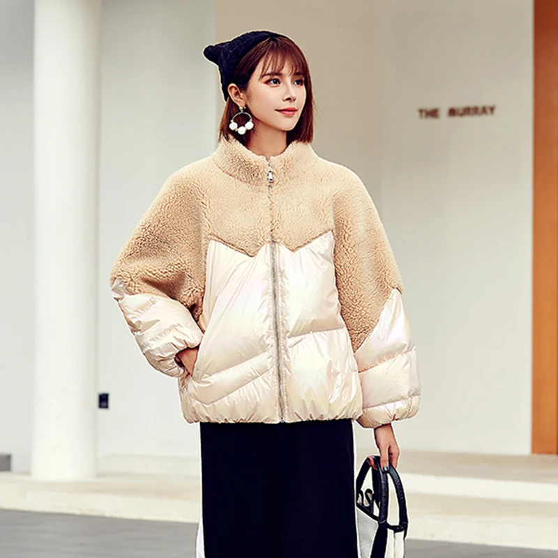 Женское зимнее пальто 2019 натуральный 70% мех ягненка короткий 90% белый пуховик