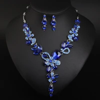 vintage luxury big blue water drop flower crystal bridal jewelry sets women necklace earrings 2021 trend set for wedding party