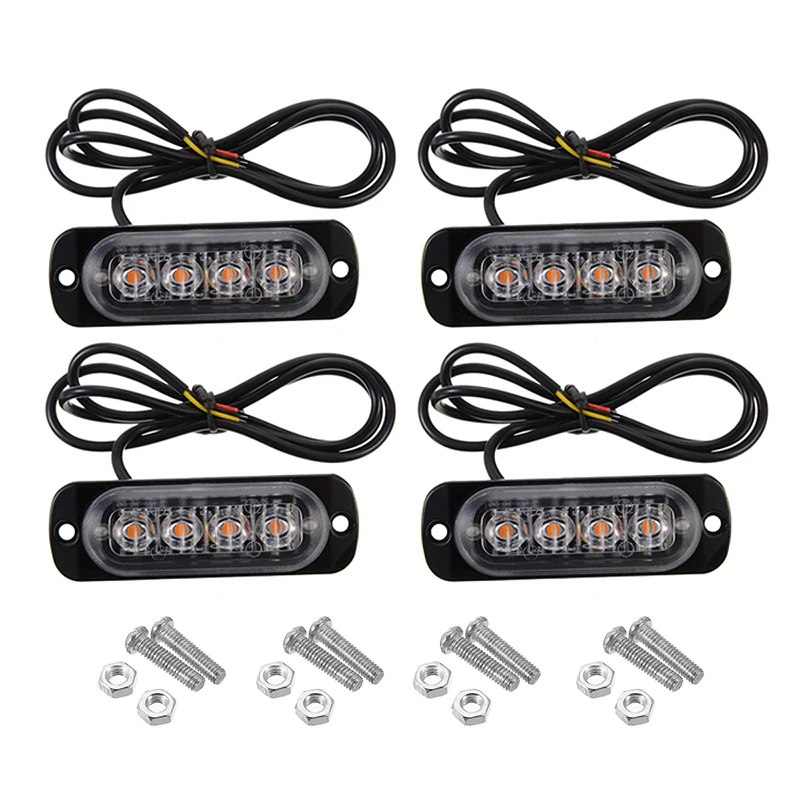 

4Pcs 4 LED 12W Amber Emergency Beacon Warning Light Waterproof Hazard Flash Strobe Bar Lamps Universal for Car Truck