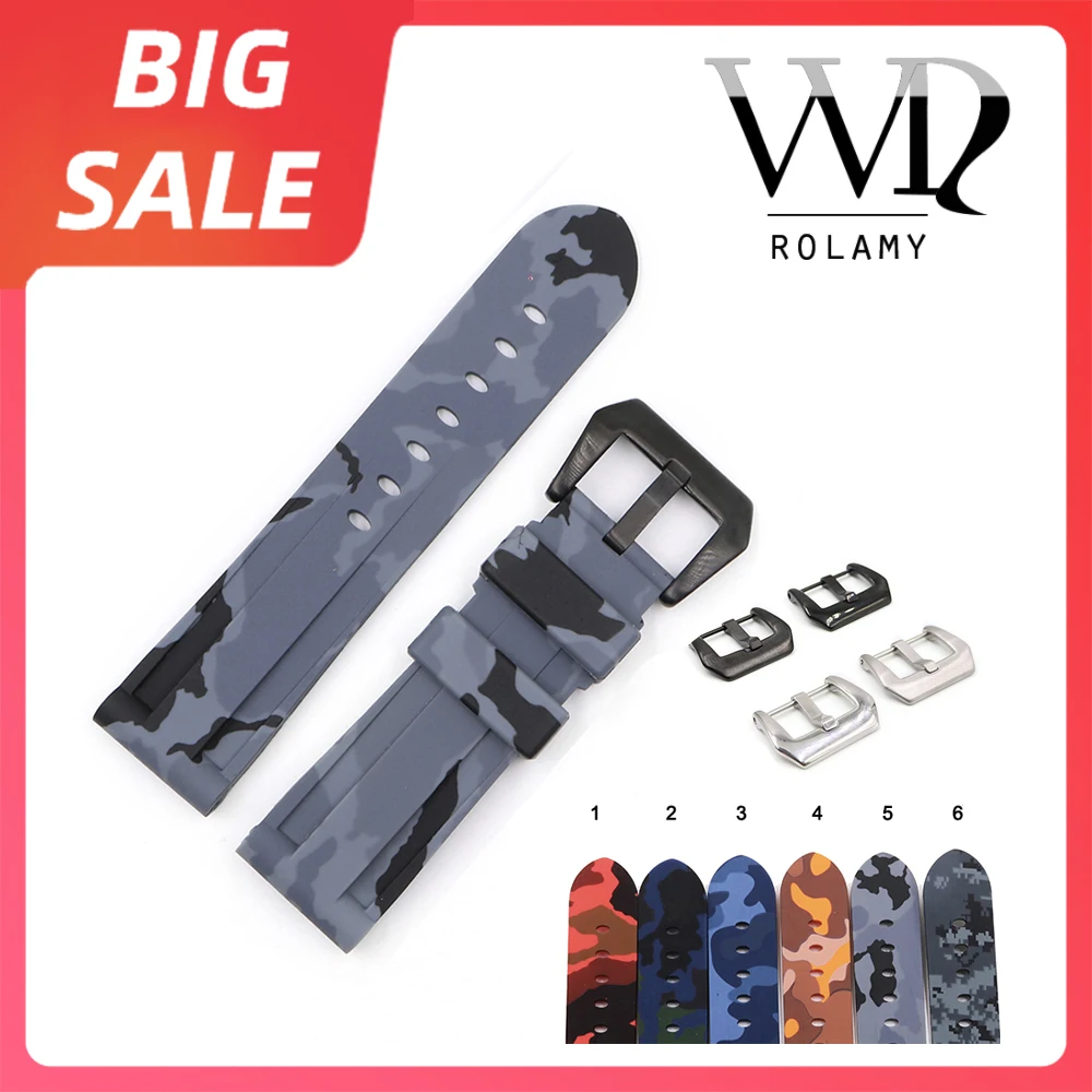 

Rolamy Watch Band 22 24mm Waterproof Silicone Rubber Replacement Camo Grey Red Watchband Loops Strap For Panerai Luminor Strap