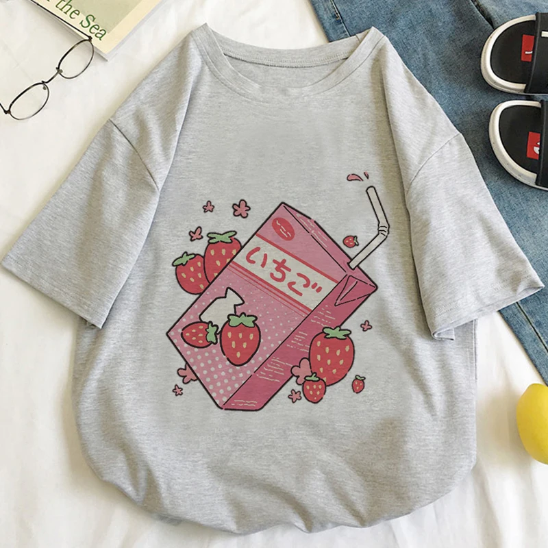 

Japan Strawberry Juice Graphic Print T-shirt Women 2020 New Summer Fashion Tshirt Tee Harajuku Aesthetic Pink Top Female T Shirt