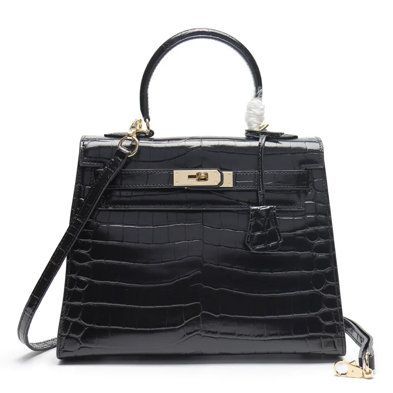 

New leather Kelly bag fashion crocodile grain cowhide women's bag one shoulder straddle bag handbag