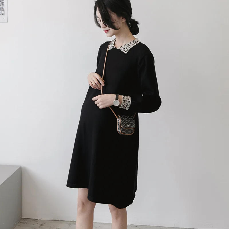 

Maternity Dress Warm Autumn Winter Knitted Sweater Leopard Collar Dress for Pregnant Women Fall Elegant Pregnancy Sweaters Dress