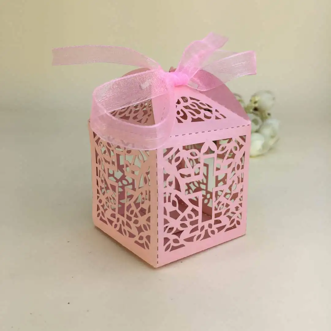 

Baptism Favor Boxes with Ribbons, Cross Laser Cut Favor Box for Christening Birthday Wedding Party, Bomboniere Decoration, 50 Pa