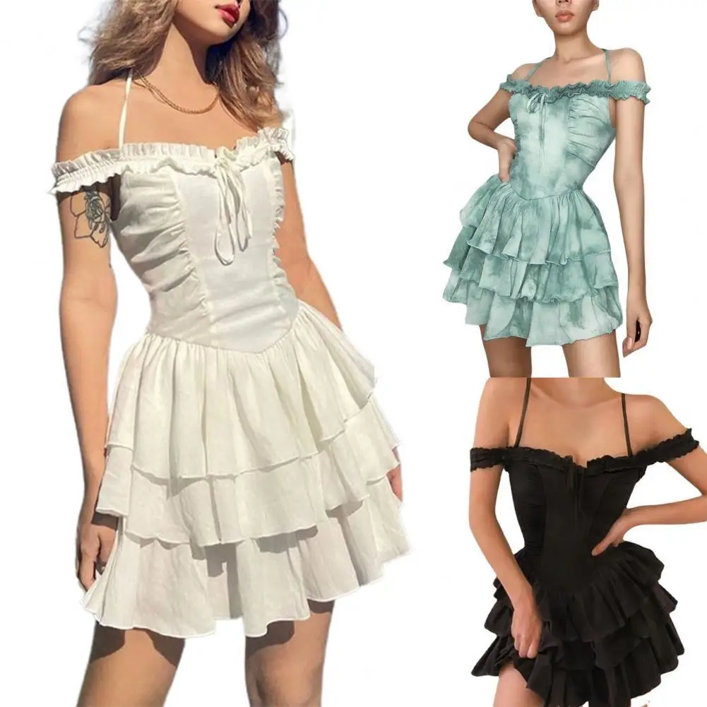 

Hot Sales Women Dress Off Shoulder Low Neck 3 Colors Ladies Lacework Neckline Dress for Dating