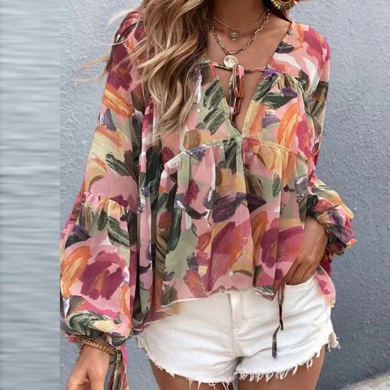 

2021 Summer V-neck Batwing Sleeve Chiffon Blouse Women Vintage Floral Print Streetwear Shirts Spring Elegant Lace-Up Ruffle Tops