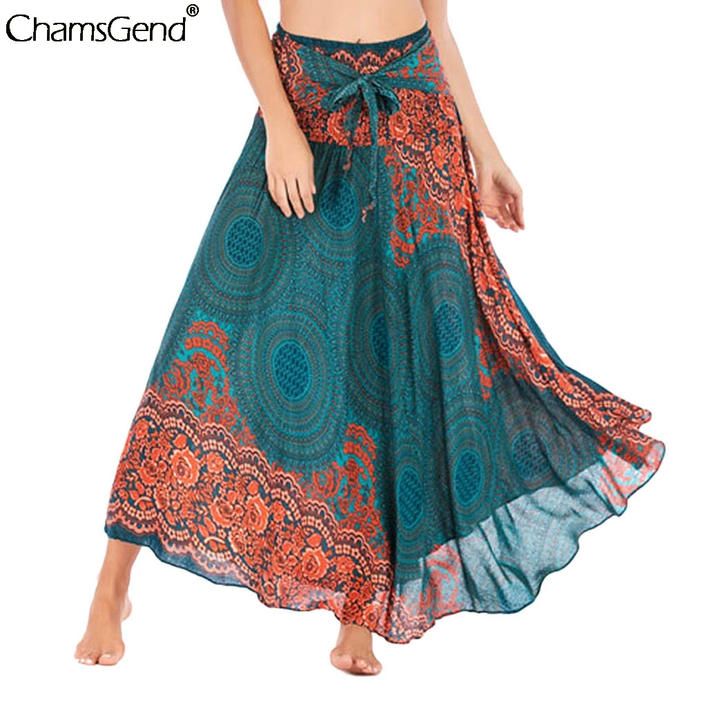 

Summer Bohemian Long Skirt Women Beach Boho Flowers Elastic Waist Floral Halter Skirt Retro Bandage Women Dance Skirt
