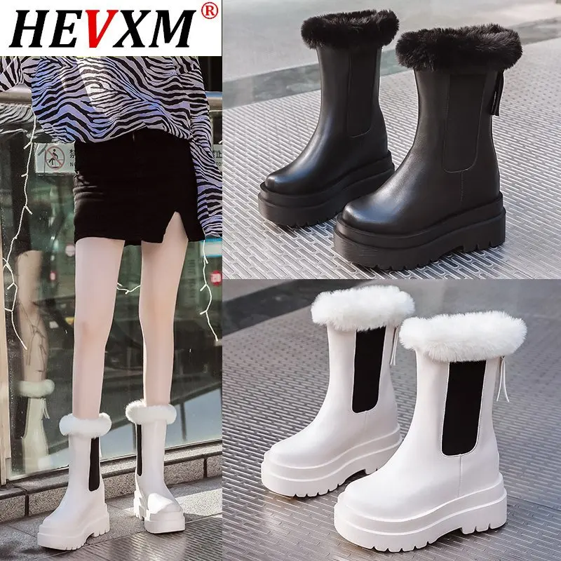 

Women Chunky Mid-Calf Boots Zipper Platform Boots Women Height Increasing Winter Woman Shoes Warm Fur Motorcycle Boots 2020 New