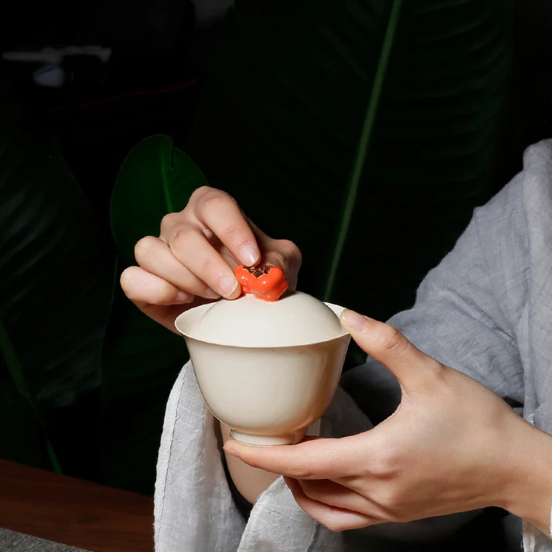 

Red Persimmon Cover Bowl Kung Fu Tea Set Retro Household Ceramic Tea Bowl Ceramic