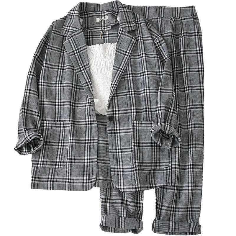 

Thin Selection] Fashion Suit Two-piece Suit Female 2021 Summer New Korean Version of The Plaid Thin Coat + Pants Suit