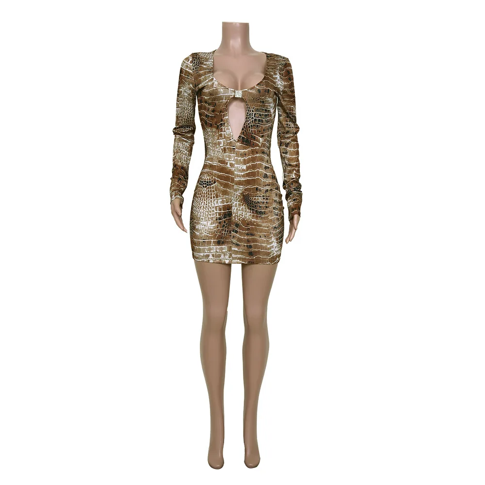 

Spring Snakeskin Print Women Dress Fashion Low Neck Hallow Out Sheath Long Sleeve Sexy Dress Club Clothing Vestido Feminino