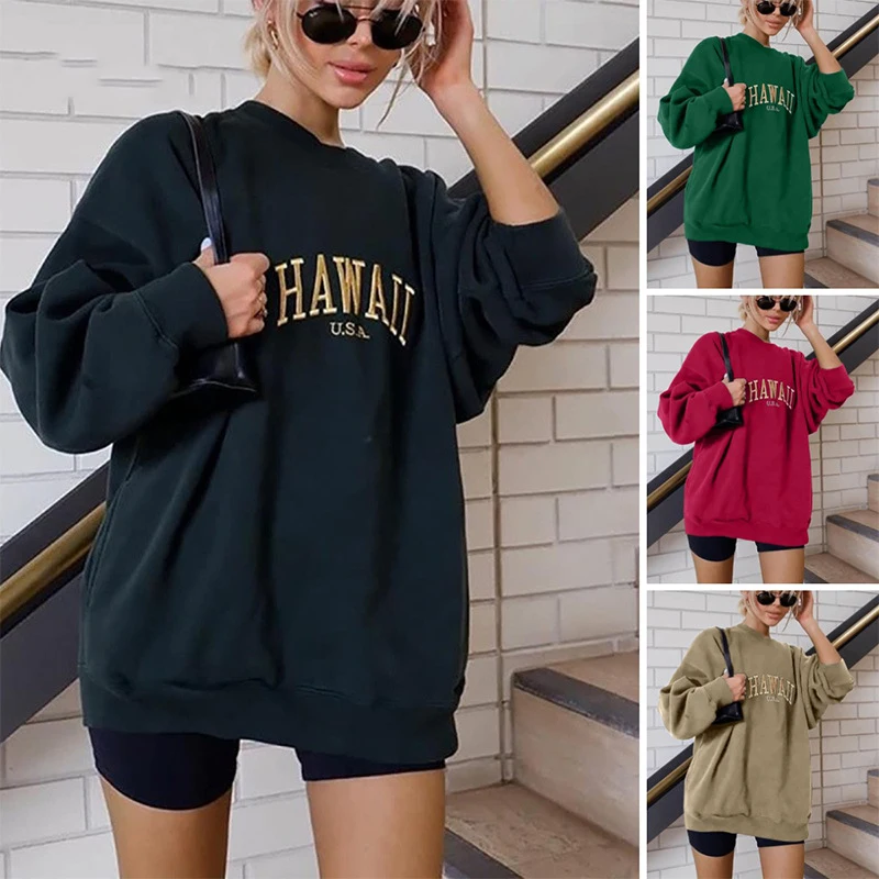 

Women's Sweatshirt 2021 Autumn Embroidery Letter Print Sweatshirt Women O Neck Long Sleeve Loose Sweatshirt Casual Pullover Tops