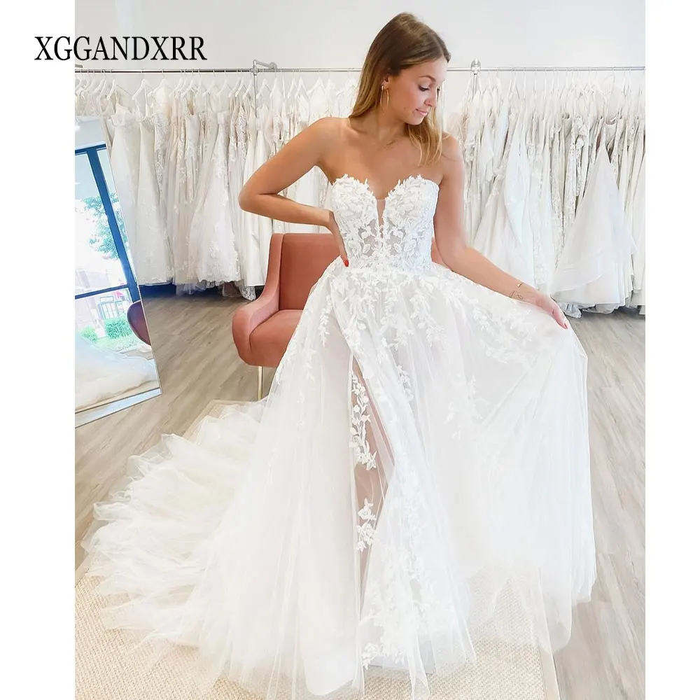 

Romantic A Line Wedding Dress 2022 Sweetheart Backless Sexy Side Slit Lace Applique Bridal Gown White Ivory Formal Wear Bride