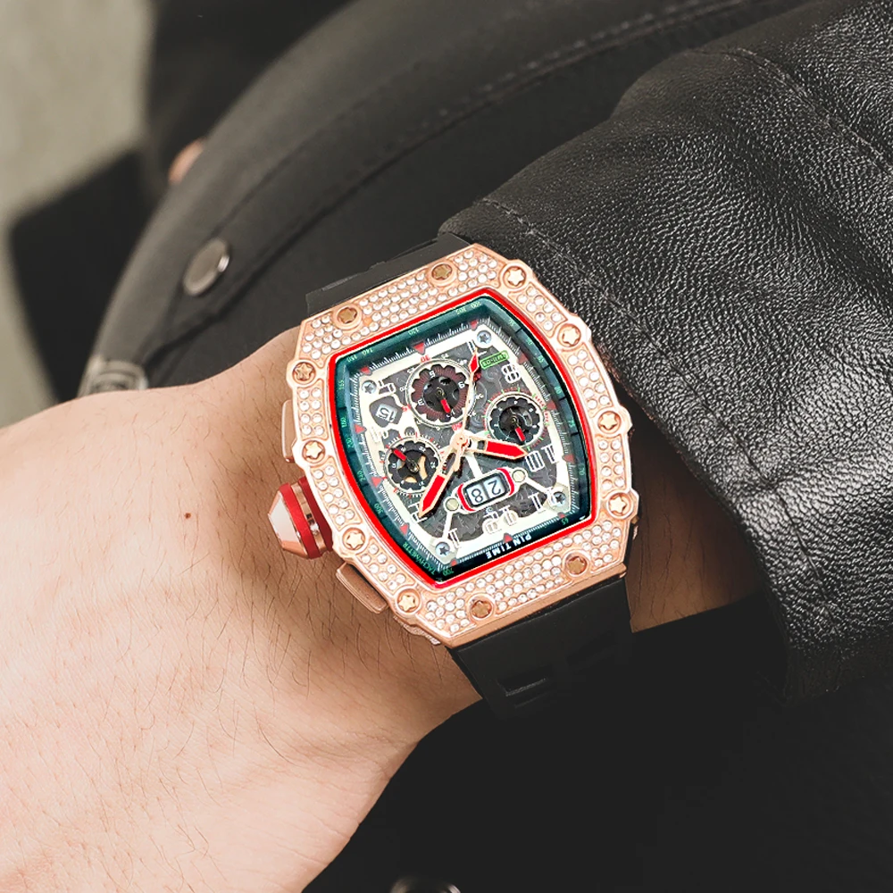 

New Rose Gold Tonneau Men's Watches Famous Luxury Top Brand Quartz Analog Chronograph Diamond Large Dial Rubber RM11 Wristwatch