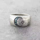Винтажное женское кольцо Стерлинговое Серебро Аквамариновый, украшение в виде Луны и солнца, повседневное украшение для вечевечерние, обручальное украшение серебряное обручальное кольцо