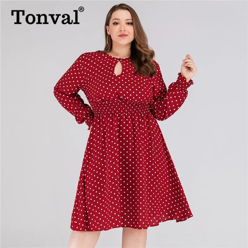 Женское платье рубашка в горошек Tonval красное Повседневное миди с длинным рукавом