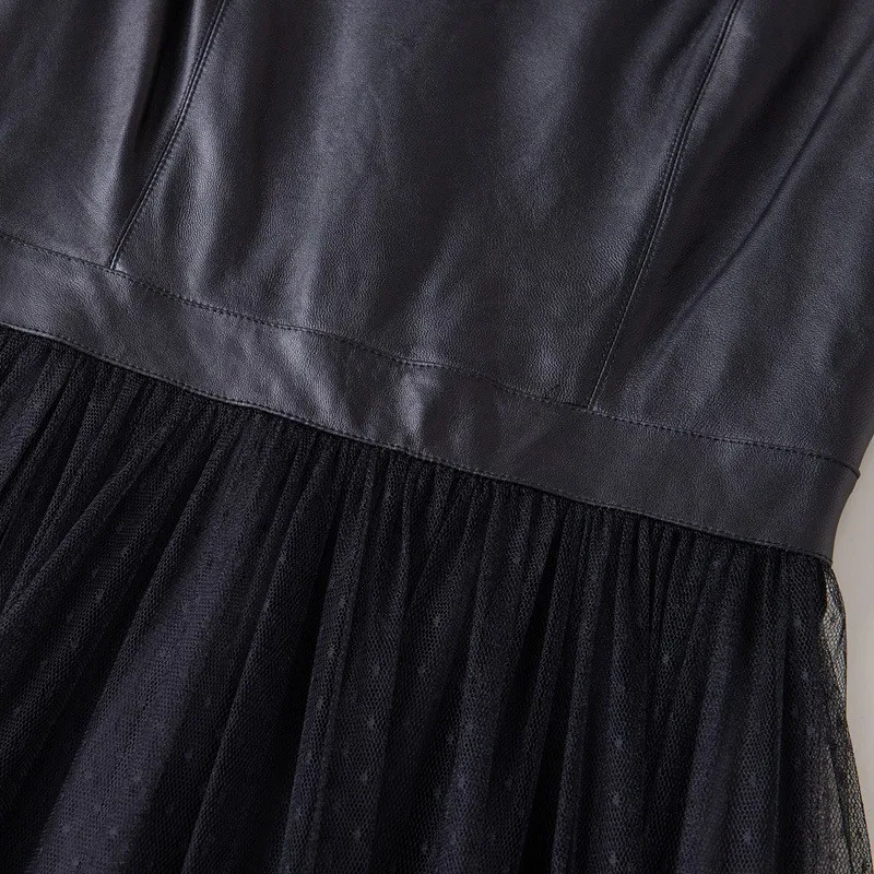 

Summer Elegant Lady Black Lace Evening Vestidos Italian Luxury Women Sheepskin Genuine Leather Sleeveless Party Long Dress