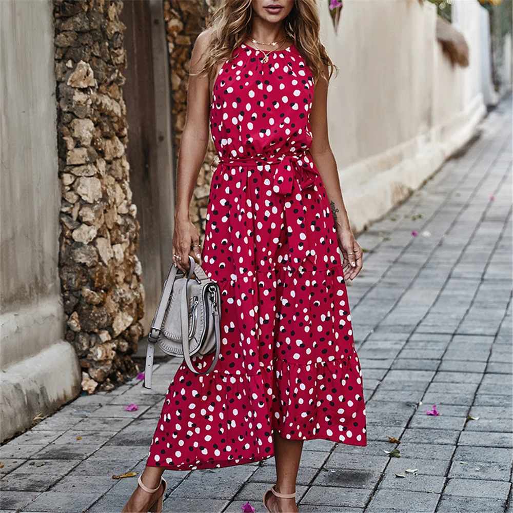 

Long Dot Vacation Style Print Dress Women Lace Up High Waist O Neck Big Swing Dress New 2021 Fashion Summer Sleeveless Dress