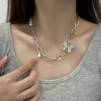 butterfly pearl stitching necklace cold wind metal thick chain hip hop collarbone chain female tide pendant accessories cool