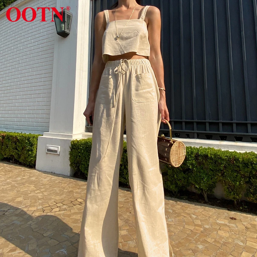 

Женский костюм цвета хаки из хлопка и льна OOTN, повседневный комплект из 2 предметов: укороченный топ на шнуровке с карманами и прямые штаны с ...