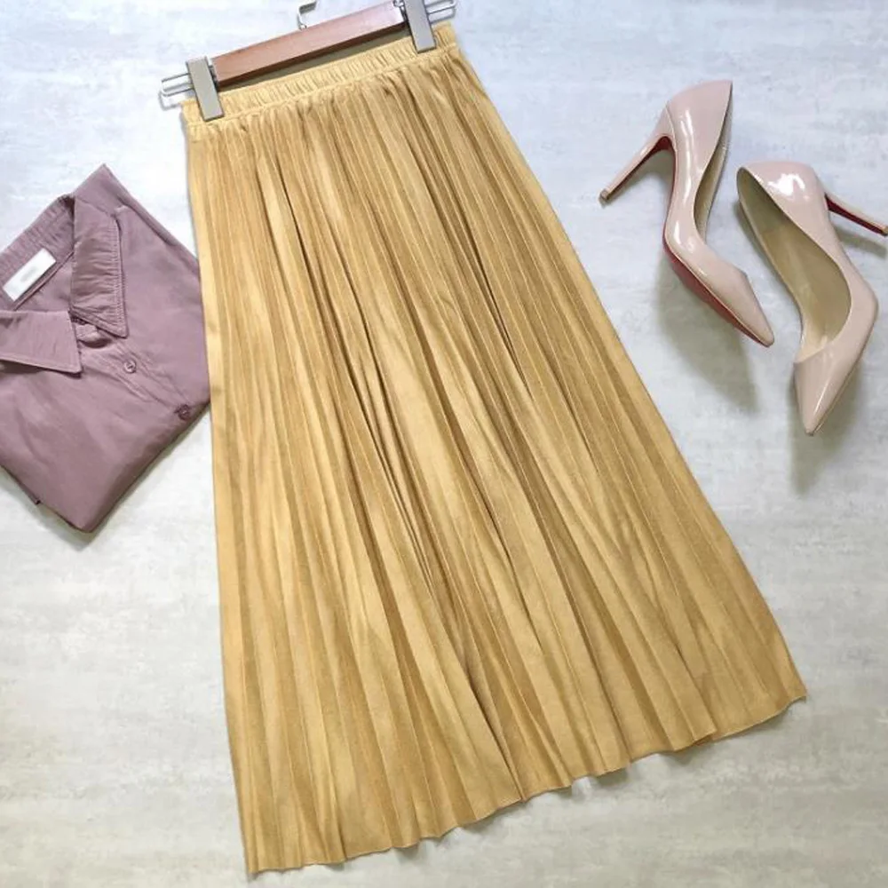

2020 Autumn High Waist Suede Pleated Skirts Womens Elegant Solid Color Velvet Mid-Length Casual A Line Skirt Ladies