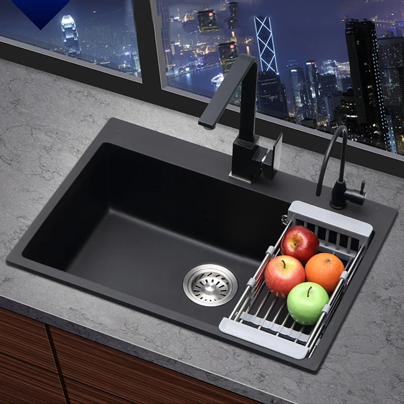 

Matte Black Sink Quartz Kitchen Sink Single Bowl Basin For Kitchen Fixture Topmount Or Undermount With Drain Accessories