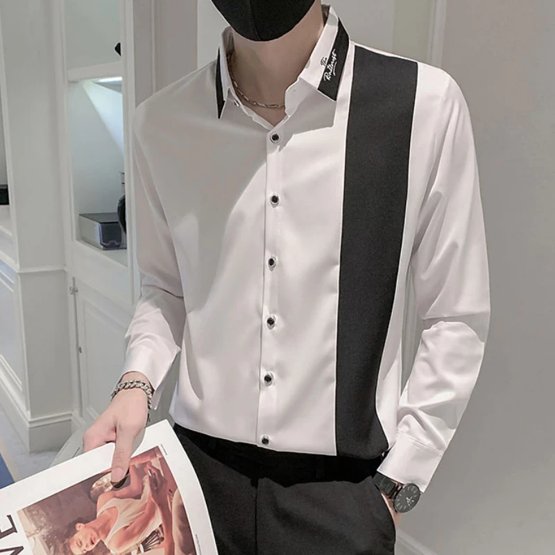High Quality Splicing Men's Shirt Non-iron Slim Long Sleeve Casual Shirt Business Formal Dress Shirts Streetwear Social Blouse