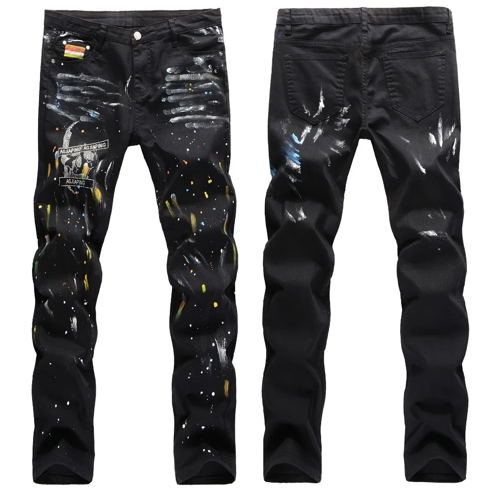 

New trousers European American street hip-hop style hand-painted cat whiskers splash ink color paint skull straight jeans pants