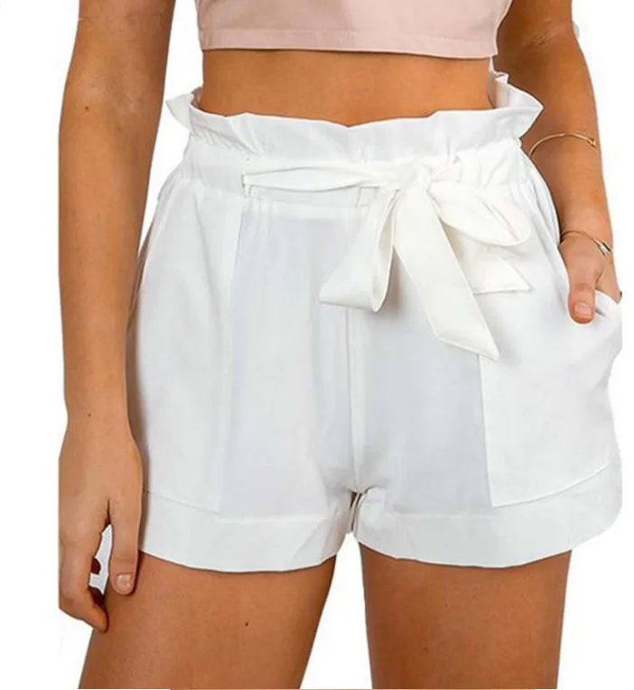 

Elegant Women Summer Shorts Fashion Solid Pocket High Waist Shorts Female Casual Tie Front Ruffle Waist Shorts Ladies Streetwear
