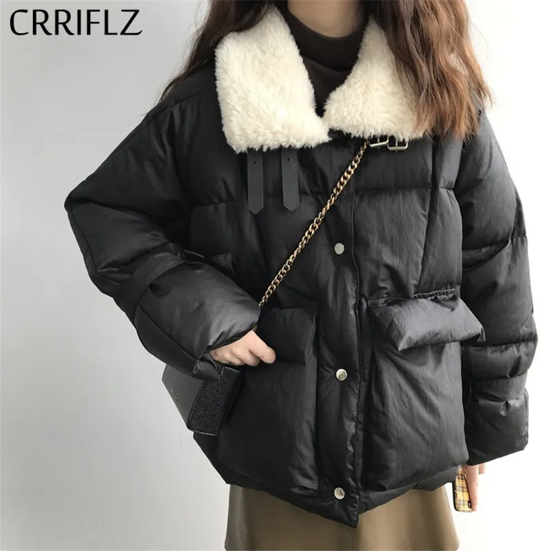 CRRIFLZ женские зимние куртки короткие овечья шерсть с отворотом теплый уплотненный