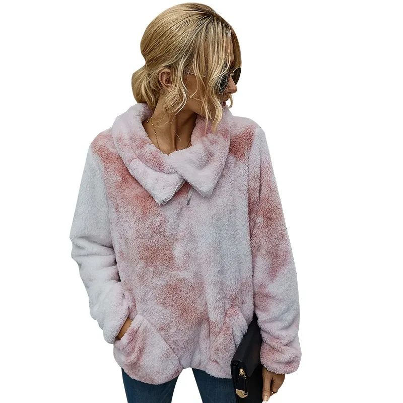 

Women Sweatshirt Autumn Winter Tie Dye Turn Down Collar Long Sleeve Fleece Warm Pullovers Tops Female Fashion Thick Sweatshirts