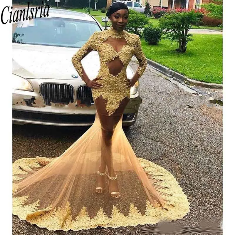 

Соблазнительные прозрачные вечерние платья желтого и черного цветов для девушек, длинное кружевное платье с высоким воротом и длинным рука...