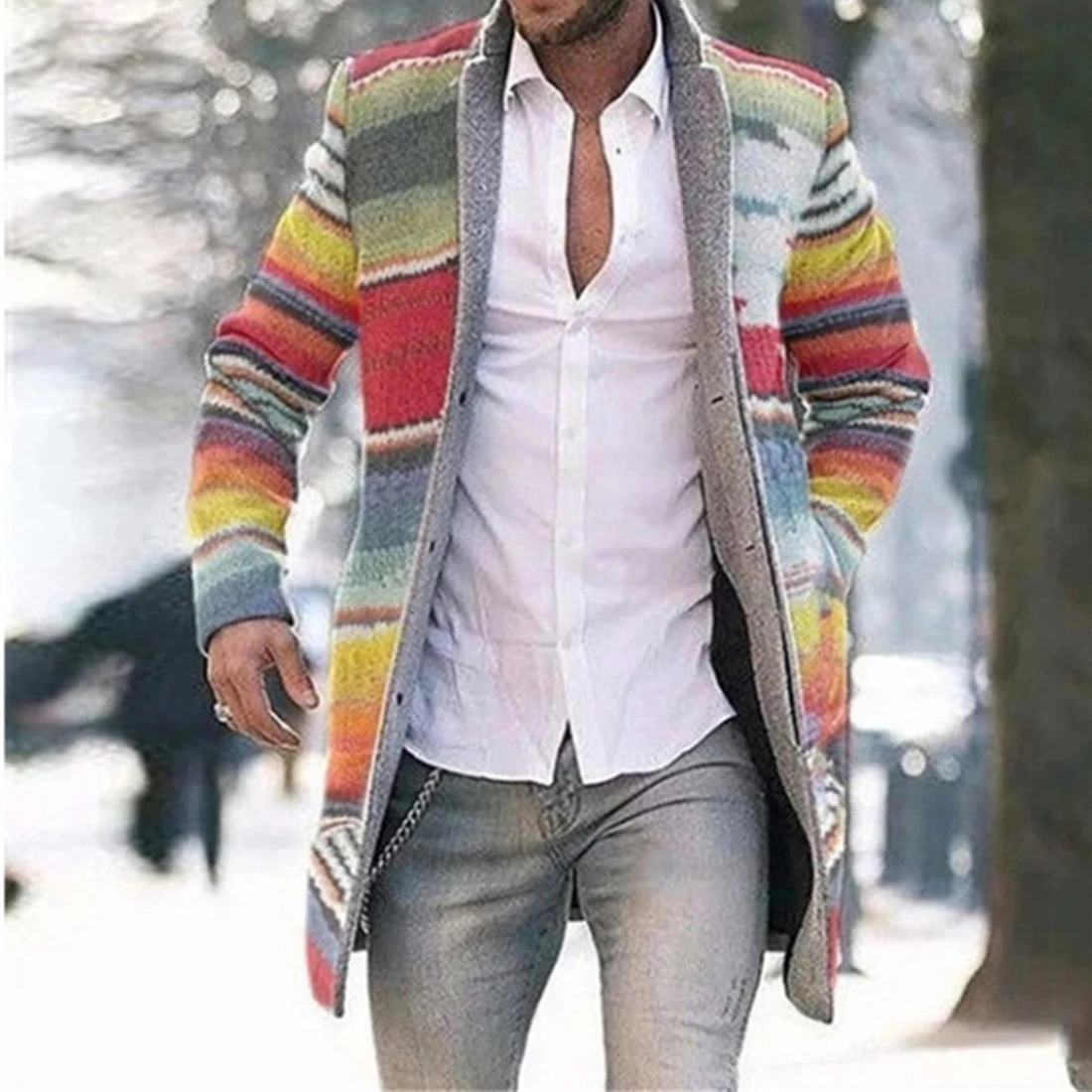 Мужская теплая ветровка HEFLASHOR уличный кардиган в полоску из смешанной шерсти