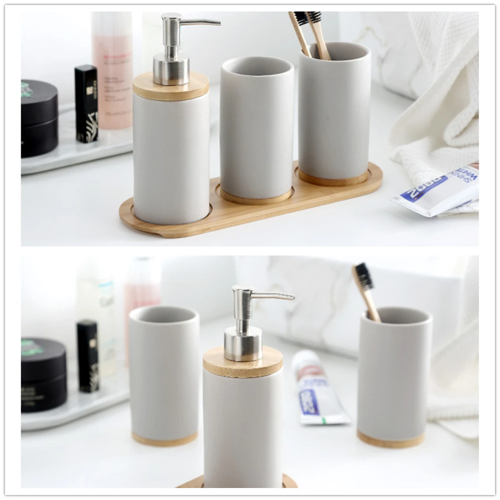 

4-Piece European Ceramic Bathroom Set Includes Lotion Shampoo Liquid Soap Dispenser Pump/Toothbrush Holder/Tumblers/Wooden Tray
