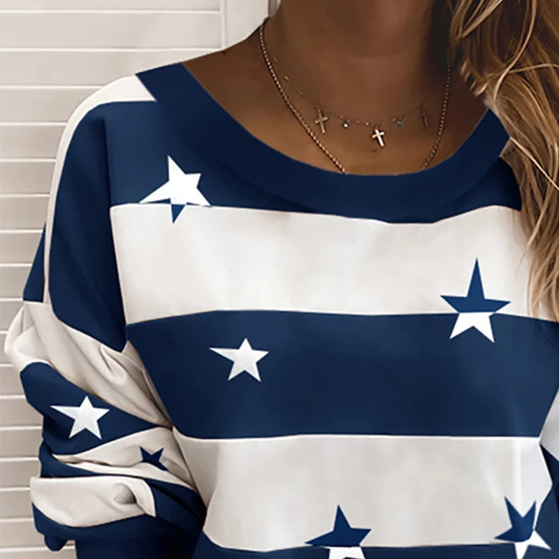 

Women's Stripe Star Printed Hoodies Sweatshirt Harajuku O-neck Batwing Long Sleeve Pullover Tops 2020 Autumn Sweatshirts Female