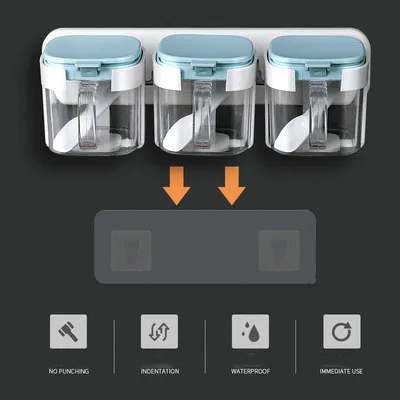 

Kitchen Plastic Wall-Mounted Seasoning Jar, Multifunctional Wall Suction Type Household Kitchen Punch-Free Storage Box