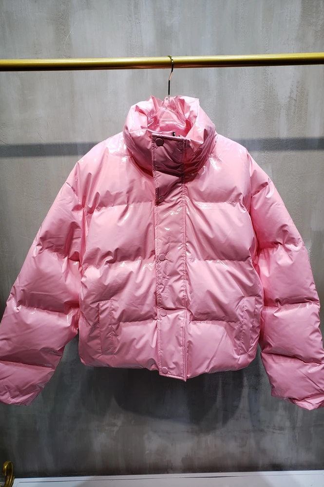 

ZCSMLL Pink Bright Turtleneck Bread Coat Winter Padded Short Loose Long Sleeve Fashion Cotton-padded Jacket Women Winter