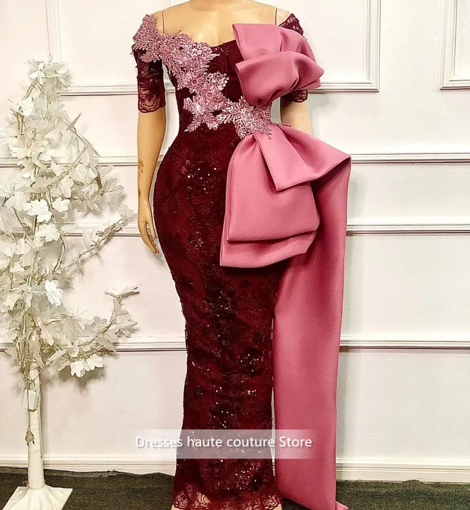

Elegant African Short Sleeves Lace Mermaid Evening Dresses 2020 Lace Beaded Prom Gowns Robe De Soiree